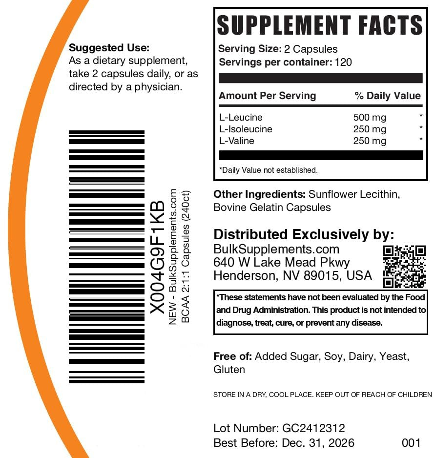 BulkSupplements.com BCAA 2:1:1 Capsules - Branched Chain Amino Acids, BCAA Supplements, BCAA Capsules, BCAA Pills - Gluten Free, 240 Capsules (Pack of 1) - görsel 4