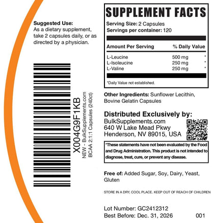 BulkSupplements.com BCAA 2:1:1 Capsules - Branched Chain Amino Acids, BCAA Supplements, BCAA Capsules, BCAA Pills - Gluten Free, 240 Capsules (Pack of 1)