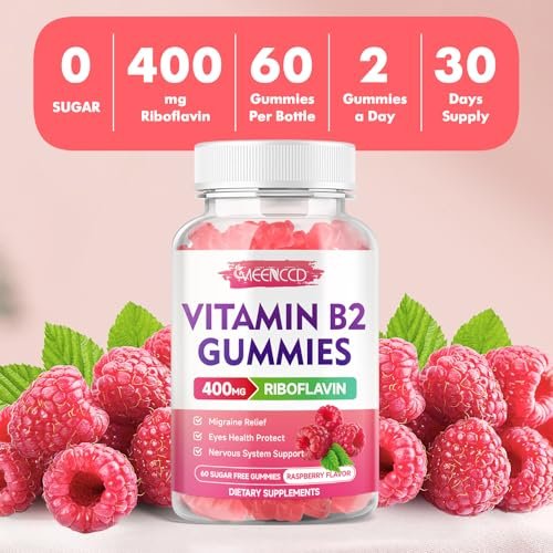 MEENCCD Vitamin B2 Gummies Riboflavin 400mg Supplement with Magnesium for Kids & Adults, B2 Gummies for Migraine Relief & Nervous System Support, Vegan, Sugar-Free, Raspberry Flavor, 60 Count - görsel 1