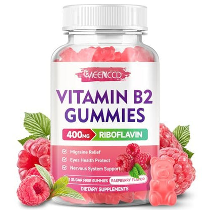 MEENCCD Vitamin B2 Gummies Riboflavin 400mg Supplement with Magnesium for Kids & Adults, B2 Gummies for Migraine Relief & Nervous System Support, Vegan, Sugar-Free, Raspberry Flavor, 60 Count