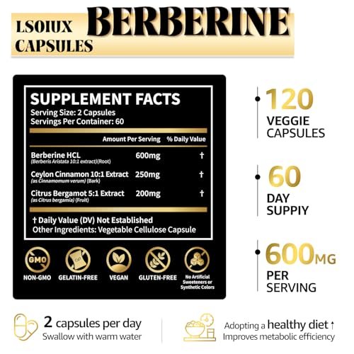 LSOIUX Berberine Supplement with Ceylon Cinnamon, Metabolic Support Formula for Daily Balance, Liposomal Berberine for GLP-1 Lifestyle Support, 600mg, Vegan, Non-GMO, 120 Capsules - görsel 11