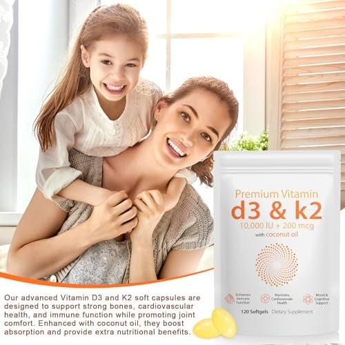 D3 K2 Vitamin 10000 IU - 240 Virgin Coconut Oil Softgels, 2 in 1 Vitamin D & K Complex Supplement Softgel - Immune Support and Calcium Absorption, Bone and Heart Health (240 Count (Pack of 2)) - görsel 6