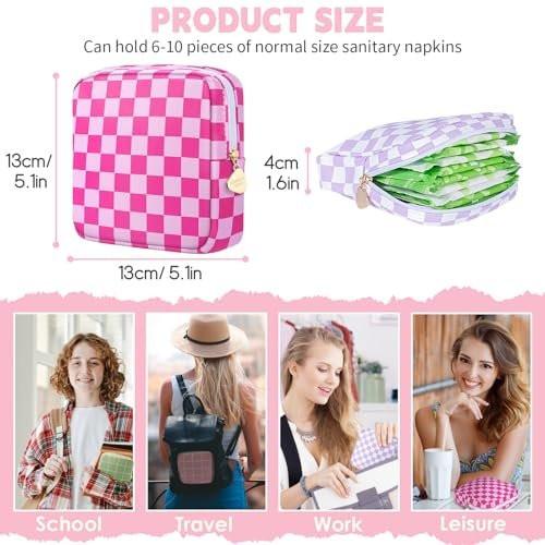 Desing Wish Period Bag Pouch Soft Cloth Sanitary Napkin Storage Bag Portable Menstrual Pad Pouches Tampon Holder for Purse First Period Kit for Girls 9-12 (Rose-Pink Check) - görsel 4