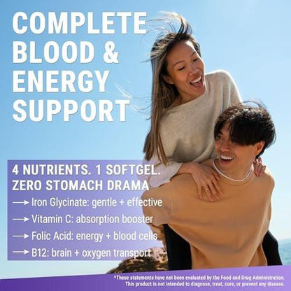 Iron Supplement for Women & Men | Iron Glycinate 50mg + Vitamin C, Folic Acid 1000mcg, Vitamin B12 | Anemia Relief, Energy Boost & Immune Support | Gentle on Stomach, Fast Absorption | 60 Softgels