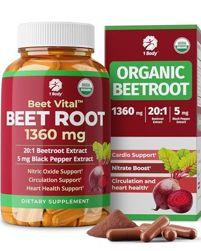 1 Body Beet Vital, Organic Beetroot Capsules for Circulation, Energy, & Stamina, Nitric Oxide Booster Beets Supplements with 1360mg Beetroot Extract, Vegan, Non-GMO - Beet Root Supplements, 60 Count - görsel 4