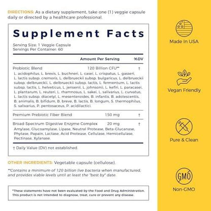 NewRhythm Probiotics 120 Billion CFU 36 Strains, 3-in-1 Probiotics with Prebiotics & Enzymes, Probioticos for Women & Men, Vegan Targeted Release Supplement, 60ct