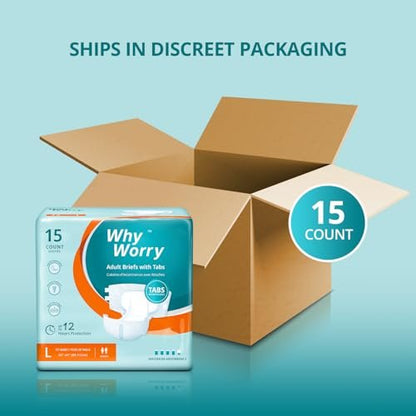 WhyWorry Adult Diapers with Tabs, Disposable Incontinence Briefs for Women & Men with Maximum Absorbency, Adult Briefs for Incontinence Overnight, Odor Control, Unisex, Large, 15 Count