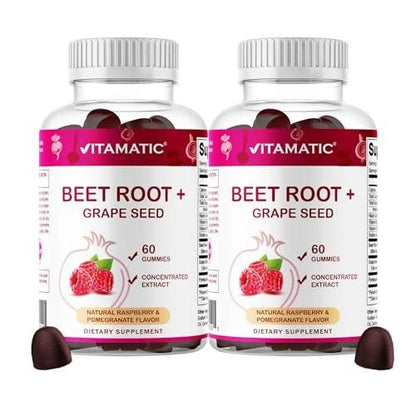 Vitamatic Beet Root Gummies with B6, B12, Grape Seed, Pomegranate & Nicotinamide – Plant-Based Extract – Vegan, Non-GMO – Botanical Supplement Gummies – 60 Count - 2 Pack (120 Count)