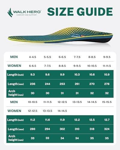 Walkhero Arch Support Inserts for Men & Women - Plantar Fasciitis Insoles with Max Cushion, Orthotics for Heel Pain Relief, Work Boots, Standing All Day (Mens 9-9.5 | Womens 11-11.5, Autumn Yellow) - görsel 10