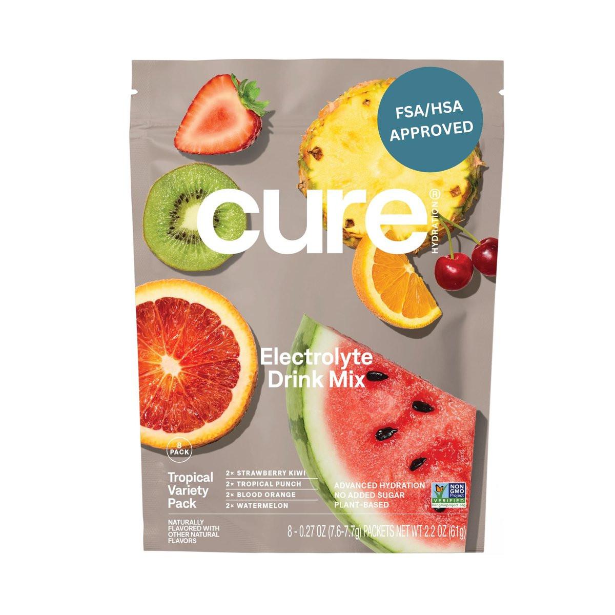 Cure Hydration | Plant-Based Electrolyte Drink Mix | No Added Sugar | FSA-HSA | Dehydration Relief Powder Made with Coconut Water | Non-GMO | Vegan | 8 Packets - Tropical Variety Pack - görsel 5