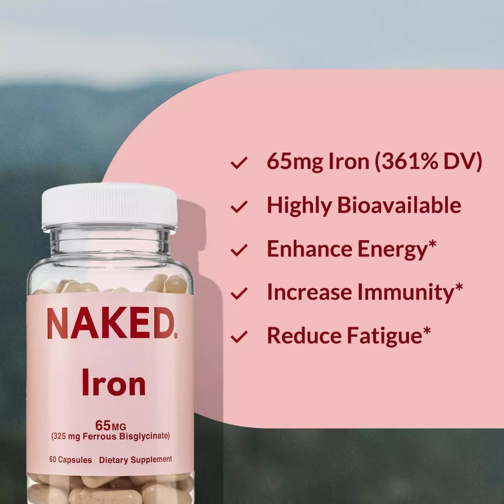 Naked Iron 65mg, 325mg Ferrous Bisglycinate - High Potency Iron Supplement for Iron Deficiency, Cellular Energy Support, Promotes Healthy Red Blood Cell Production, Non-GMO, Gluten-Free, 60 Capsules - görsel 8