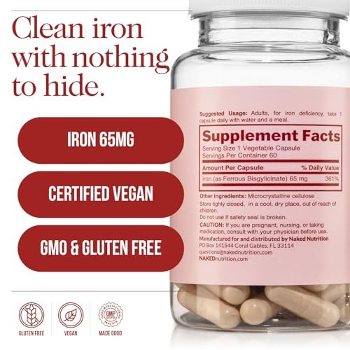 Naked Iron 65mg, 325mg Ferrous Bisglycinate - High Potency Iron Supplement for Iron Deficiency, Cellular Energy Support, Promotes Healthy Red Blood Cell Production, Non-GMO, Gluten-Free, 60 Capsules - görsel 9