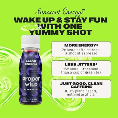 Proper Wild Vegan Energy Shots, with L-Theanine, and Organic Caffeine, Clean Plant Based Energy Drink, Gluten Free, GMO Free, Dairy Free, Stevia Free, Soy Free, Blackberry, 2.5 Fl Oz, 6 Pack