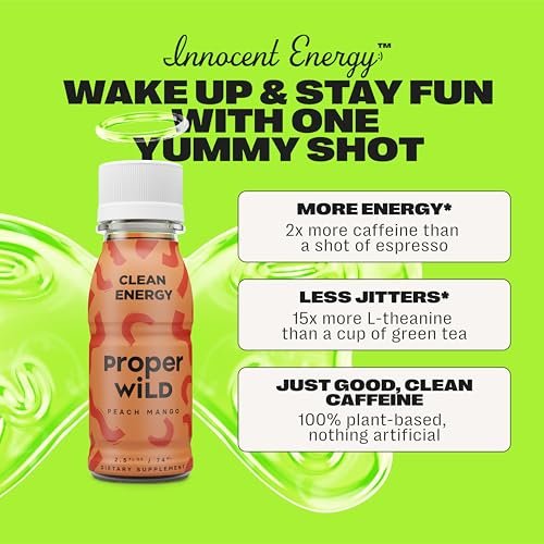 Proper Wild Vegan Energy Shots, with L-Theanine, and Organic Caffeine, Clean Plant Based Energy Drink, Gluten Free, GMO Free, Dairy Free, Stevia Free, Soy Free, Originals Variety, 2.5 Fl Oz, 6 Pack - görsel 1