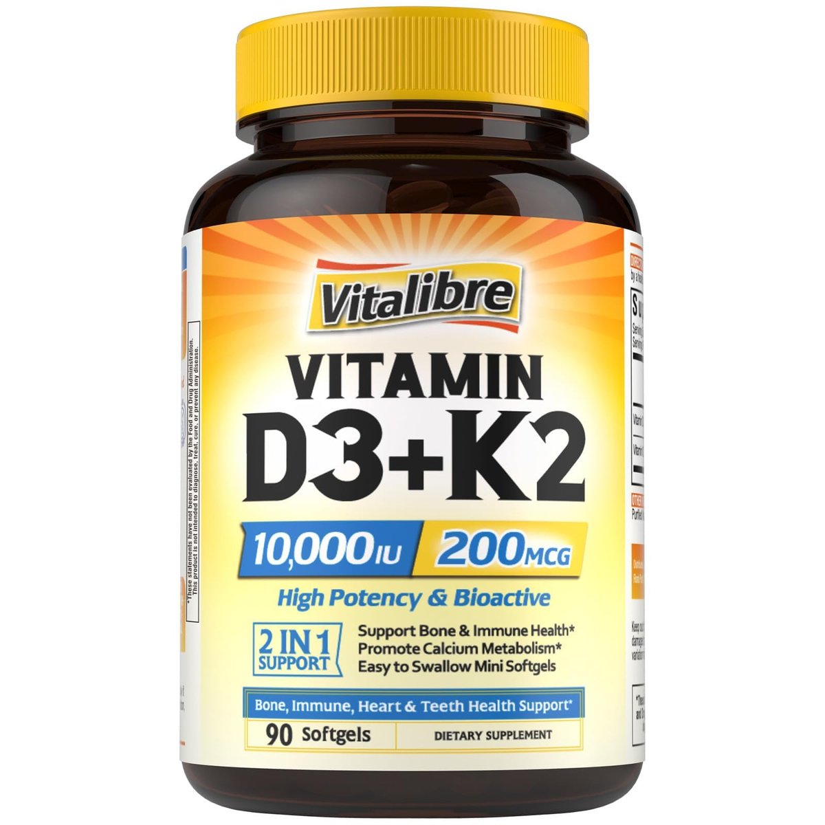 Vitalibre Vitamin D3 K2 Supplement, 10000 IU D3 / 200 mcg K2 MK7, Calcium Absorption, Bone, Heart, Immune & Mood Support, Enhanced Absorption, No Soy, Easy to Swallow, 90 Softgels - görsel 2