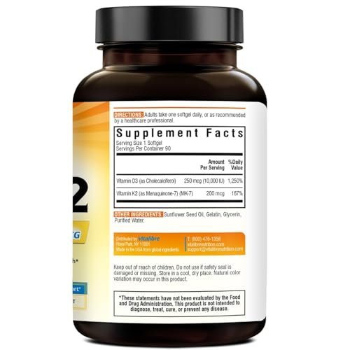 Vitalibre Vitamin D3 K2 Supplement, 10000 IU D3 / 200 mcg K2 MK7, Calcium Absorption, Bone, Heart, Immune & Mood Support, Enhanced Absorption, No Soy, Easy to Swallow, 90 Softgels - görsel 15