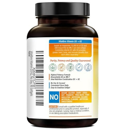 Vitalibre Vitamin D3 K2 Supplement, 10000 IU D3 / 200 mcg K2 MK7, Calcium Absorption, Bone, Heart, Immune & Mood Support, Enhanced Absorption, No Soy, Easy to Swallow, 90 Softgels
