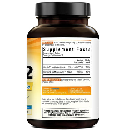 Vitalibre Vitamin D3 K2 Supplement, 10000 IU D3 / 200 mcg K2 MK7, Calcium Absorption, Bone, Heart, Immune & Mood Support, Enhanced Absorption, No Soy, Easy to Swallow, 90 Softgels