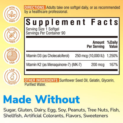 Vitalibre Vitamin D3 K2 Supplement, 10000 IU D3 / 200 mcg K2 MK7, Calcium Absorption, Bone, Heart, Immune & Mood Support, Enhanced Absorption, No Soy, Easy to Swallow, 90 Softgels