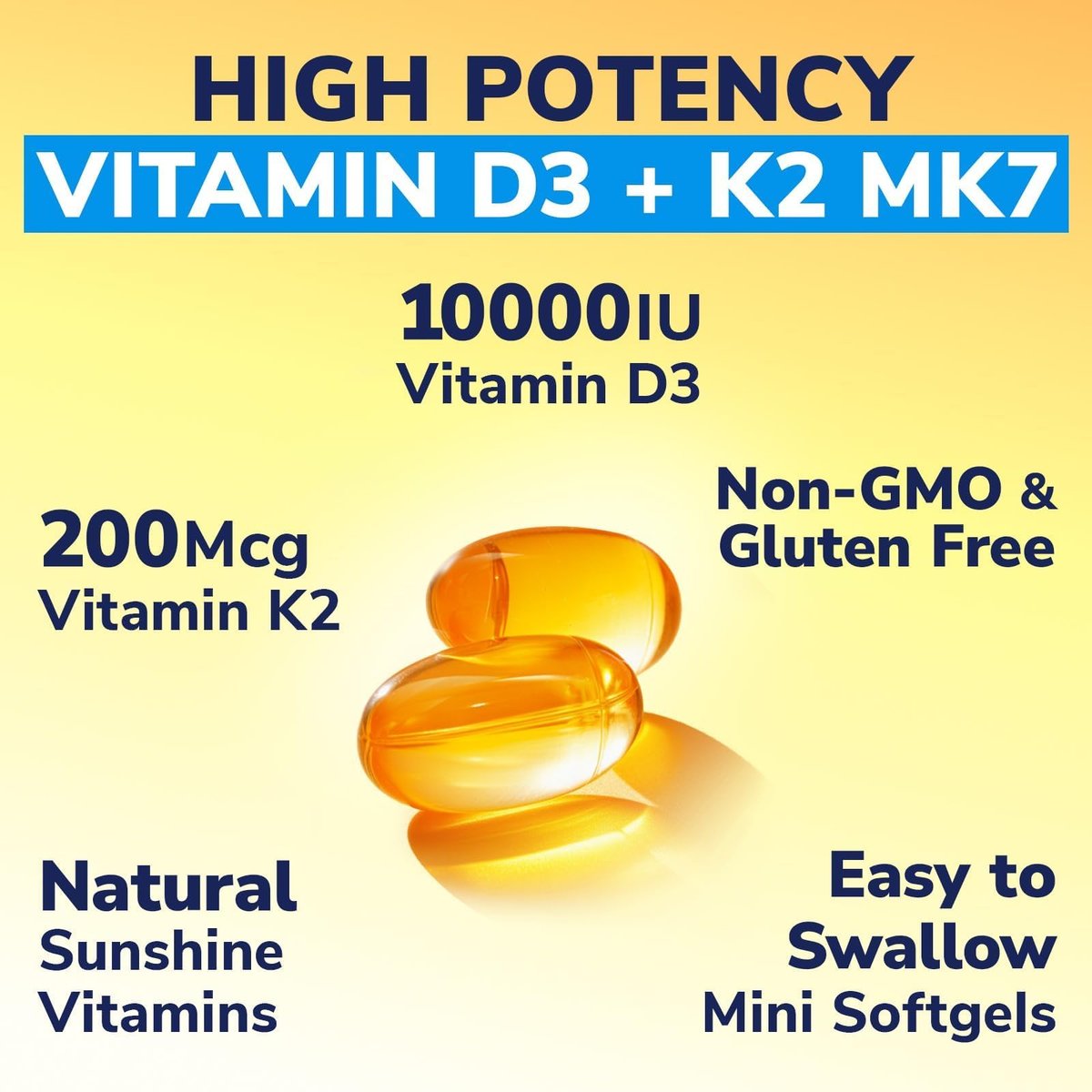 Vitalibre Vitamin D3 K2 Supplement, 10000 IU D3 / 200 mcg K2 MK7, Calcium Absorption, Bone, Heart, Immune & Mood Support, Enhanced Absorption, No Soy, Easy to Swallow, 90 Softgels - görsel 8