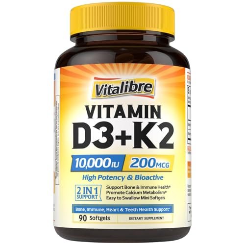 Vitalibre Vitamin D3 K2 Supplement, 10000 IU D3 / 200 mcg K2 MK7, Calcium Absorption, Bone, Heart, Immune & Mood Support, Enhanced Absorption, No Soy, Easy to Swallow, 90 Softgels - görsel 1