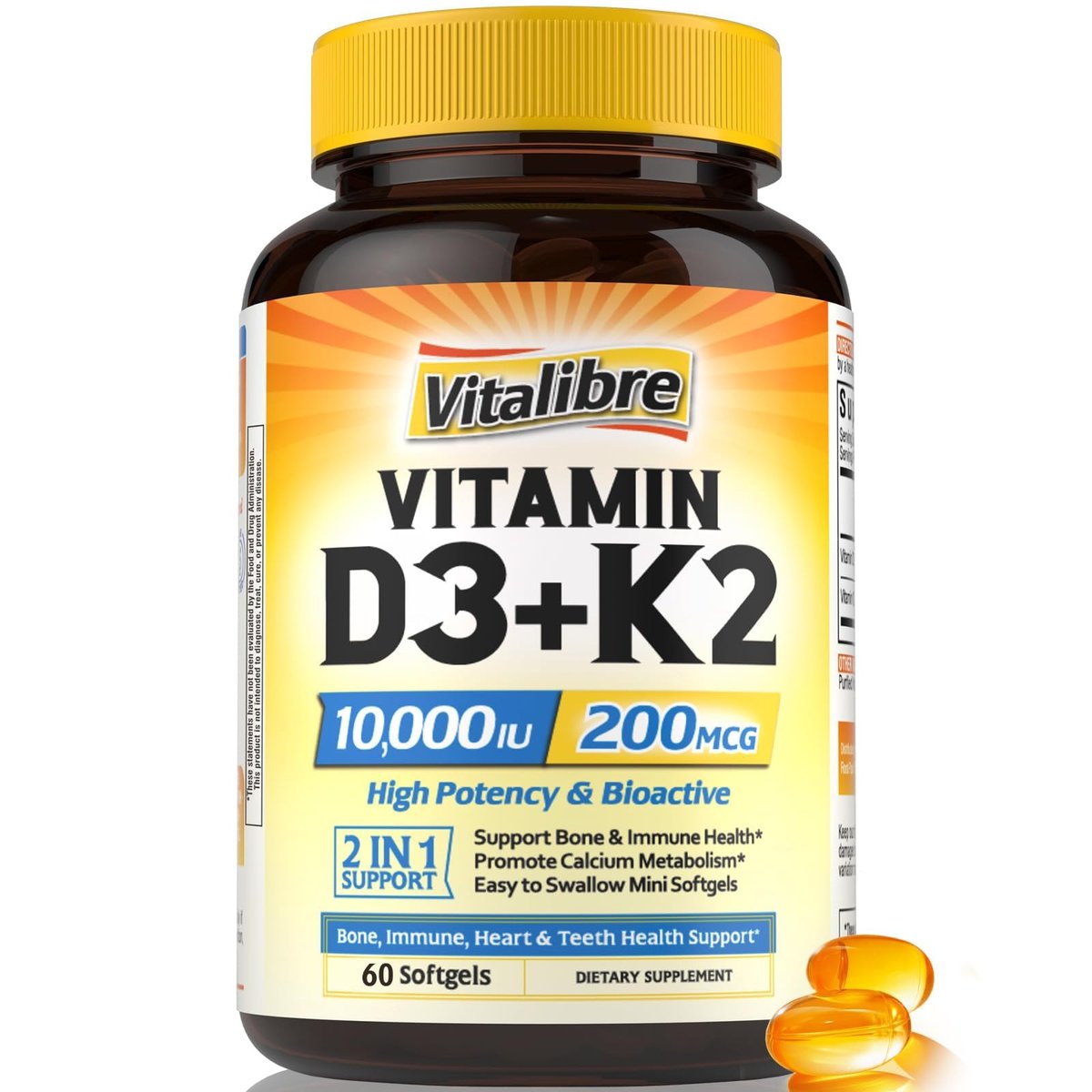 Vitalibre Vitamin D3 K2 Supplement, 10000 IU D3 / 200 mcg K2 MK7, Calcium Absorption, Bone, Heart, Immune & Mood Support, Enhanced Absorption, No Soy, Easy to Swallow, 60 Softgels - görsel 1