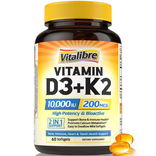 Vitalibre Vitamin D3 K2 Supplement, 10000 IU D3 / 200 mcg K2 MK7, Calcium Absorption, Bone, Heart, Immune & Mood Support, Enhanced Absorption, No Soy, Easy to Swallow, 60 Softgels