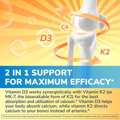 Vitalibre Vitamin D3 K2 Supplement, 10000 IU D3 / 200 mcg K2 MK7, Calcium Absorption, Bone, Heart, Immune & Mood Support, Enhanced Absorption, No Soy, Easy to Swallow, 60 Softgels