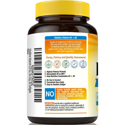 Vitalibre Vitamin D3 K2 Supplement, 10000 IU D3 / 200 mcg K2 MK7, Calcium Absorption, Bone, Heart, Immune & Mood Support, Enhanced Absorption, No Soy, Easy to Swallow, 60 Softgels