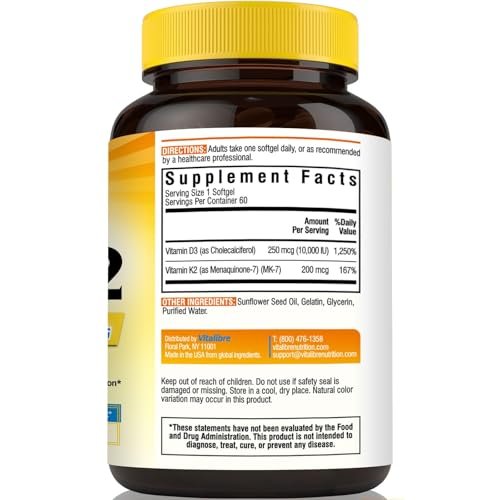 Vitalibre Vitamin D3 K2 Supplement, 10000 IU D3 / 200 mcg K2 MK7, Calcium Absorption, Bone, Heart, Immune & Mood Support, Enhanced Absorption, No Soy, Easy to Swallow, 60 Softgels - görsel 16