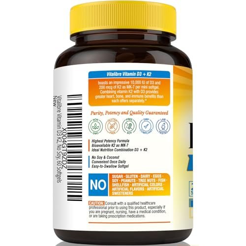 Vitalibre Vitamin D3 K2 Supplement, 10000 IU D3 / 200 mcg K2 MK7, Calcium Absorption, Bone, Heart, Immune & Mood Support, Enhanced Absorption, No Soy, Easy to Swallow, 90 Softgels - görsel 6