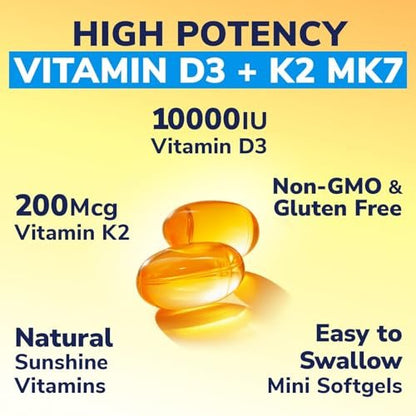 Vitalibre Vitamin D3 K2 Supplement, 10000 IU D3 / 200 mcg K2 MK7, Calcium Absorption, Bone, Heart, Immune & Mood Support, Enhanced Absorption, No Soy, Easy to Swallow, 60 Softgels