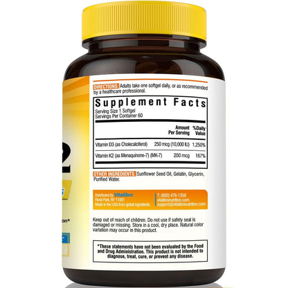 Vitalibre Vitamin D3 K2 Supplement, 10000 IU D3 / 200 mcg K2 MK7, Calcium Absorption, Bone, Heart, Immune & Mood Support, Enhanced Absorption, No Soy, Easy to Swallow, 60 Softgels