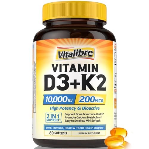 Vitalibre Vitamin D3 K2 Supplement, 10000 IU D3 / 200 mcg K2 MK7, Calcium Absorption, Bone, Heart, Immune & Mood Support, Enhanced Absorption, No Soy, Easy to Swallow, 60 Softgels - görsel 2