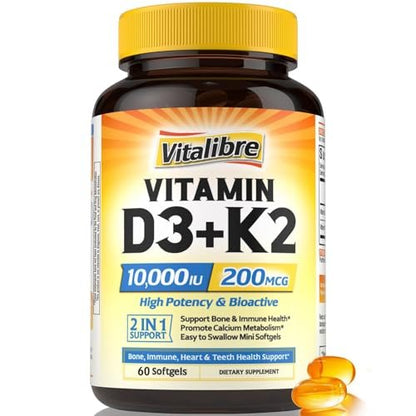 Vitalibre Vitamin D3 K2 Supplement, 10000 IU D3 / 200 mcg K2 MK7, Calcium Absorption, Bone, Heart, Immune & Mood Support, Enhanced Absorption, No Soy, Easy to Swallow, 60 Softgels
