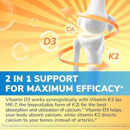 Vitalibre Vitamin D3 K2 Supplement, 10000 IU D3 / 200 mcg K2 MK7, Calcium Absorption, Bone, Heart, Immune & Mood Support, Enhanced Absorption, No Soy, Easy to Swallow, 60 Softgels