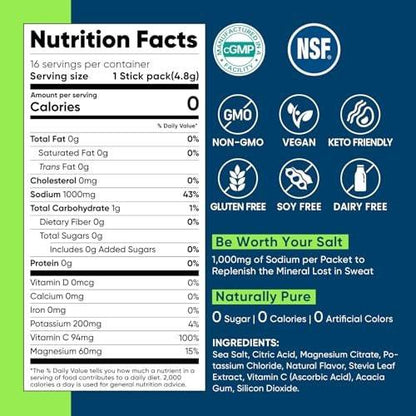 Venture Pal High Sodium Sugar-Free Electrolyte Powder Packets - Hydration Packets with Sodium, Potassium & Magnesium | Zero Calories | Vegan, Keto, and Paleo Friendly | 30 Sticks