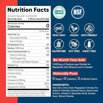 Venture Pal High Sodium Sugar-Free Electrolyte Powder Packets - Hydration Packets with Sodium, Potassium & Magnesium | Zero Calories | Vegan, Keto, and Paleo Friendly | 30 Sticks