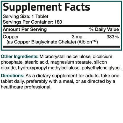 Bronson Copper Glycinate 3mg Chelated Superior Absorption Non-GMO, 180 Vegetarian Tablets