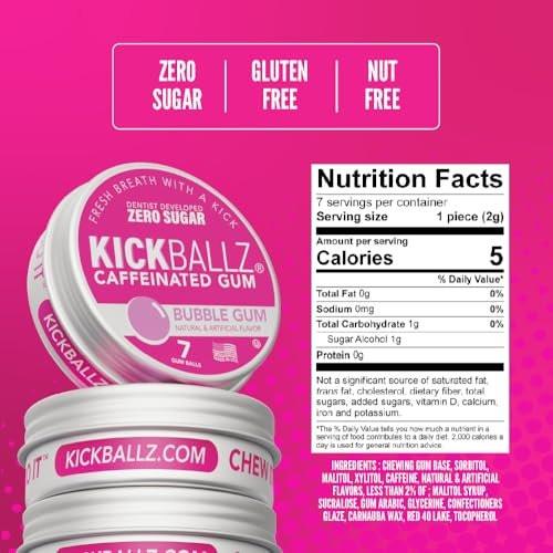 KickBallz Bubblegum Caffeine Energy Gum | Extra Strength - 110mg per Gumball | Fast-Acting Energy Boost | Tastes Amazing | Freshens Breath | Zero Sugar | Gluten-Free | USA Made | 3 Tins (21 Count) - görsel 1