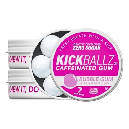 KickBallz Bubblegum Caffeine Energy Gum | Extra Strength - 110mg per Gumball | Fast-Acting Energy Boost | Tastes Amazing | Freshens Breath | Zero Sugar | Gluten-Free | USA Made | 3 Tins (21 Count)