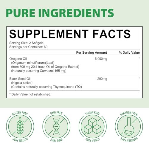 Oil of Oregano Softgels 6000mg, 2 in 1 Formulated with Black Seed Oil 200mg, Immune Support, Oregano Oil Capsules Organic, Natural Defense Supplement, Non-GMO, Easy to Swallow, 240 Softgels - görsel 2