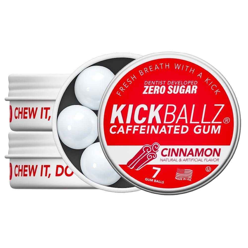 KickBallz Cinnamon Caffeine Energy Gum | Extra Strength - 110mg per Gumball | Fast-Acting Energy Boost | Tastes Amazing | Freshens Breath | Zero Sugar | Gluten-Free | USA Made | 3 Tins (21 Count) - görsel 5