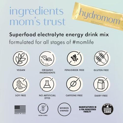 Boobie Hydromom Superfood Electrolyte Drink Mix, Blue Raspberry Lemonade | Refreshing Energy & Hydration Boost for Mamas | On-The-Go & Travel Essentials for Pregnancy, Lactation, & Beyond, 10 Packets