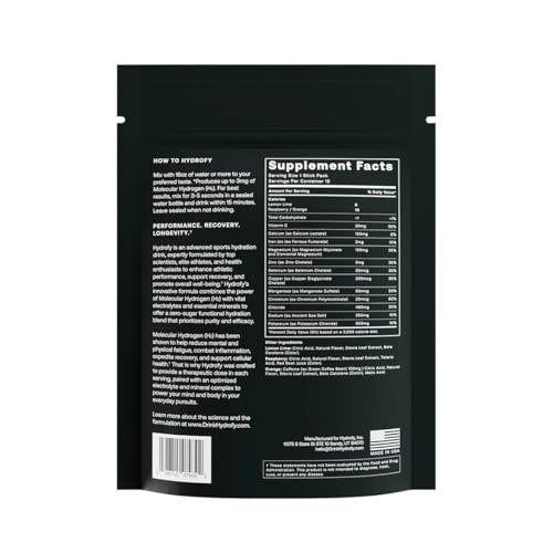Hydrofy Hydrogen Water + Electrolytes Drink Mix - Variety Pack | H2 Hydration Packets with Molecular Hydrogen, Sodium, Potassium, Magnesium | Lemon Lime, Raspberry, Orange + Caffeine | 12 Count - görsel 16