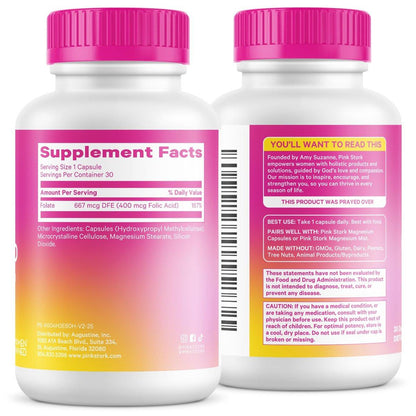 Pink Stork Folic Acid Supplement for Women – 400mcg, Daily Vitamin B9 for Prenatal & Fertility Support, Supports Red Blood Cell Formation & Energy – 30 Vegetarian Capsules