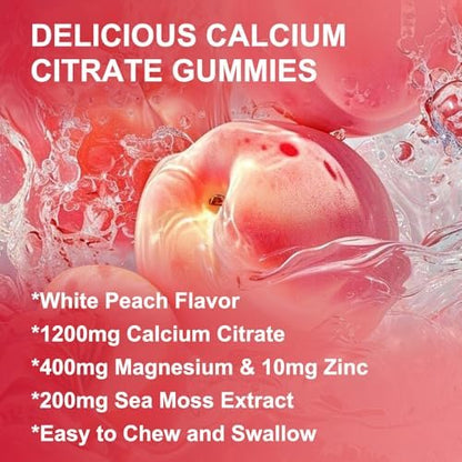 Calcium Citrate 1200mg Gummies with Vitamin D3 K2 - Chewable Calcium Magnesium Zinc d3 Supplement with Sea Moss Extract for Bone, Teeth, Immune Support for Women & Men, White Peach Flavor - 60 Gummies