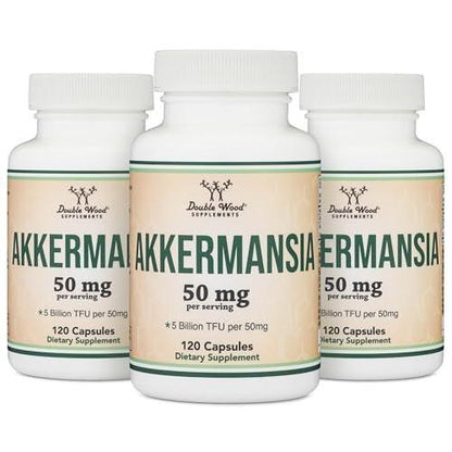 Akkermansia Probiotic and Postbiotic (Increases GLP-1 Production) 120 Capsules, 50mg per Serving (Third Party Tested to 5 Billion TFU per Serving, 50 Billion CFU per Gram) by Double Wood