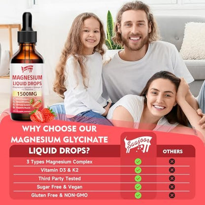 2 Pack Magnesium Glycinate Liquid Drops, 1500mg Magnesium Liquid Supplement with Vitamin B6, D3, L-Theanine, Omega3, Support Night, Muscle, Bone, Mood, Strawberry Flavor - 4 Fl Oz (120ml) Bottle