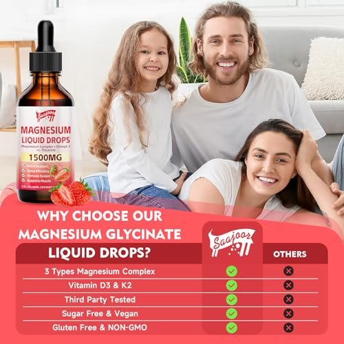 2 Pack Magnesium Glycinate Liquid Drops, 1500mg Magnesium Liquid Supplement with Vitamin B6, D3, L-Theanine, Omega3, Support Night, Muscle, Bone, Mood, Strawberry Flavor - 4 Fl Oz (120ml) Bottle - görsel 8